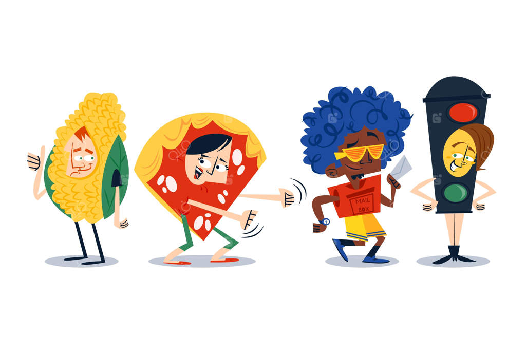 شخصیت‌های طراحی شده با دست در لباس‌های خنده‌دار کارناوال