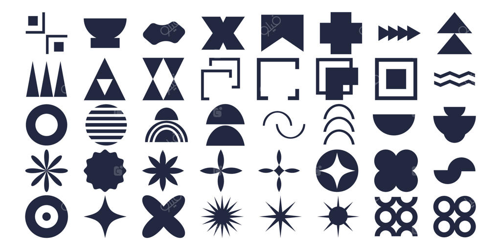 اشکال هندسی مدرن و معاصر: عناصر مد روز در فرم‌های پایه و ساده، مجزا بر روی زمینه سفید، اشکال آینده‌نگر و مینیمالیستی. تصویرسازی وکتور