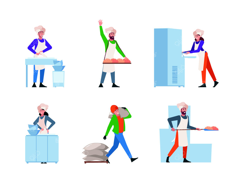 تجهیزات تولید نان و کارگران حرفه‌ای در حال تهیه نان تازه با گندم طبیعی: مراحل صنعتی برای آماده‌سازی غذای روستایی - تصاویر وکتور شیک و ساده