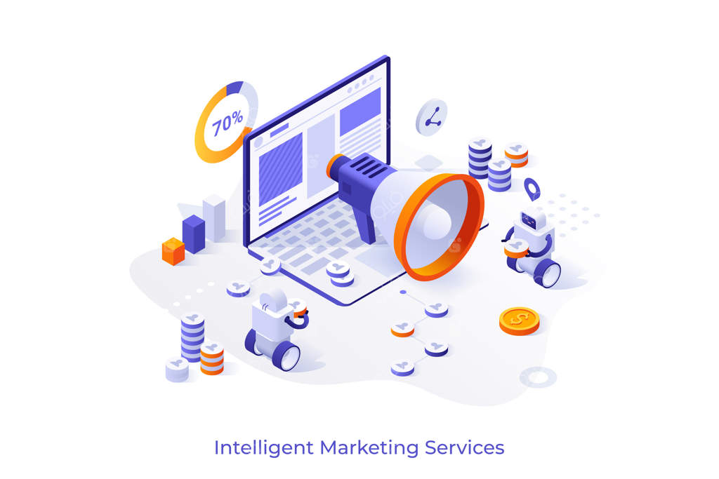 پترن مفهومی با ربات‌ها، بلندگوی بزرگ و لپ‌تاپ: صحنه‌ای برای بازاریابی هوشمند و تبلیغات اینترنتی خودکار. تصویر ایزومتریک مدرن برای وب‌سایت.