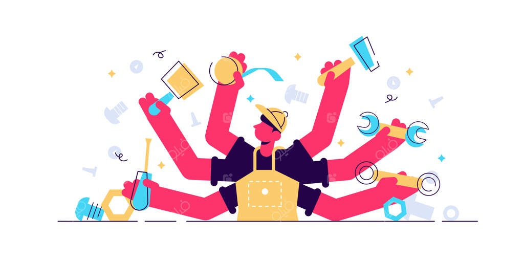 تصویر تعمیرکار. مفهوم مختصر حرفه‌ای برای افراد کارهای دستی. شغل‌های مرتبط با ساخت، بازسازی، تعمیر یا مرمت خانه. ابزارهای دستی صنعتی برای کارگران با لباس‌های کاری.