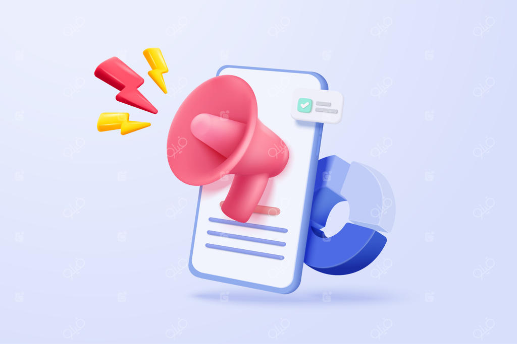 نماد سه‌بعدی بلندگو یا مگافون برای تبلیغات و اعلامیه - رندر سه‌بعدی بلندگو در رسانه‌های اجتماعی با تلفن همراه برای هشدار و خبررسانی در پس‌زمینه