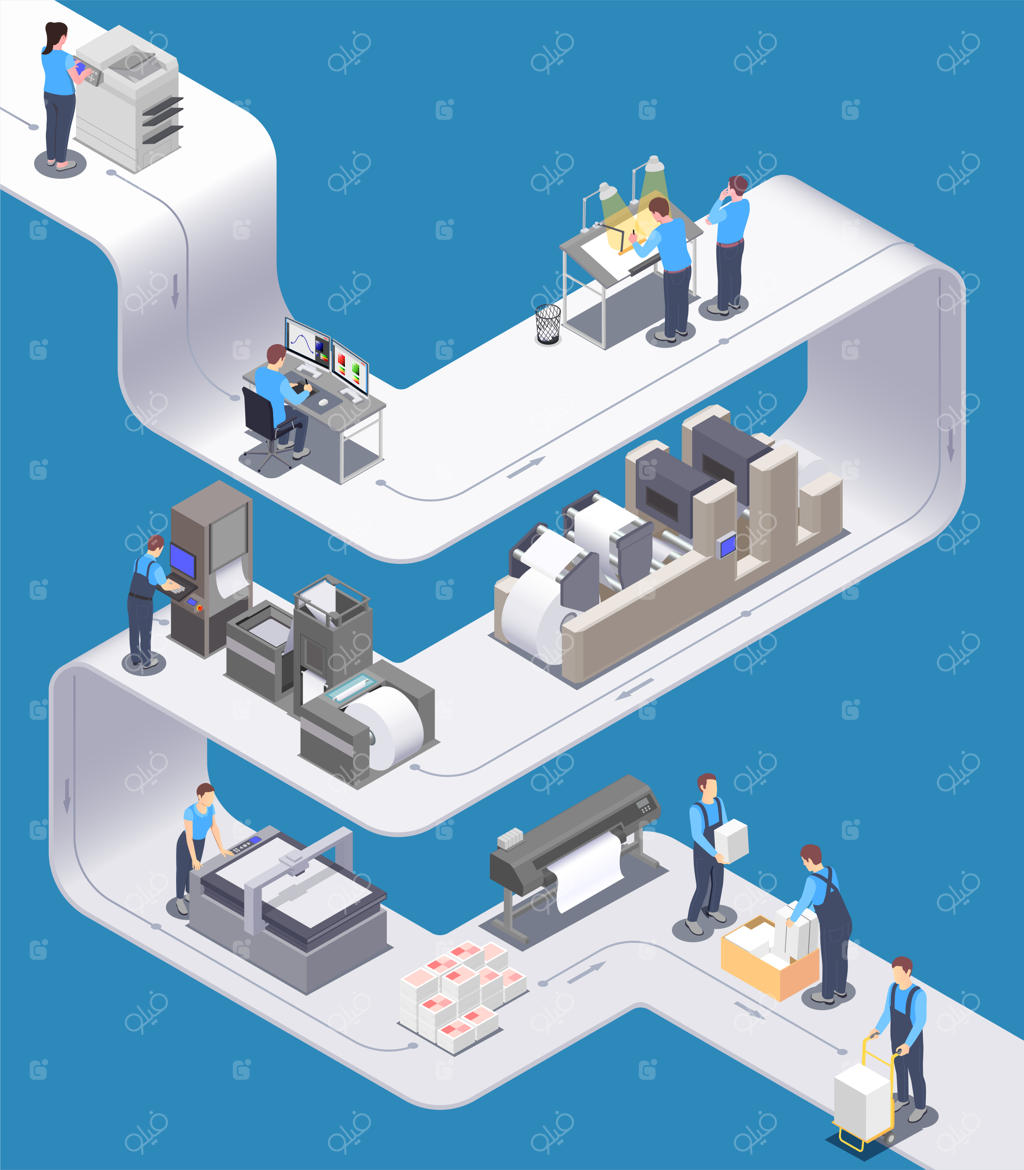 ترکیب ایزومتریک چاپخانه با کارکنان در حال کار با چاپ دیجیتال و بزرگ‌تر