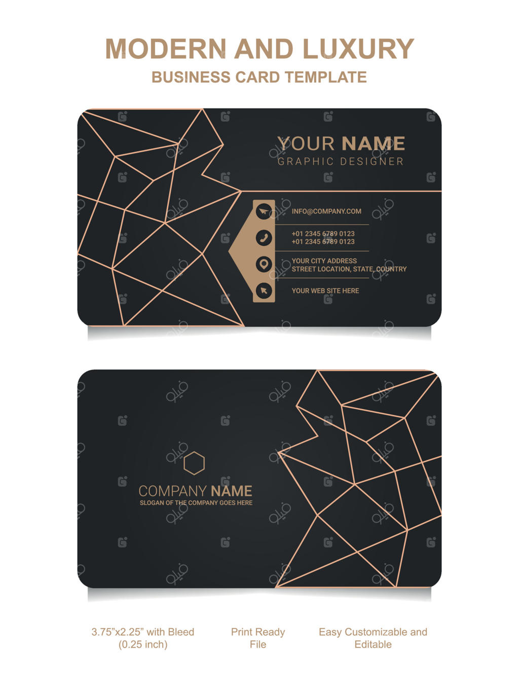 کارت ویزیت لوکس طلایی مشکی: قالب کارت افقی و شیک. وکتور کارت بازدید.