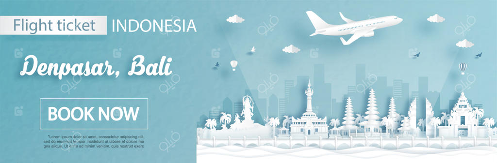 قالب تبلیغاتی پرواز و بلیط با موضوع سفر به دنپاسار، بالی اندونزی و تصویرسازی اماکن دیدنی به سبک برش کاغذ