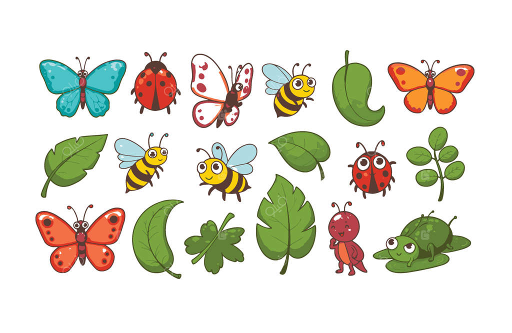 مجموعه استیکر باغ شاد با حشرات کارتونی و عناصر طبیعی برگ‌ها