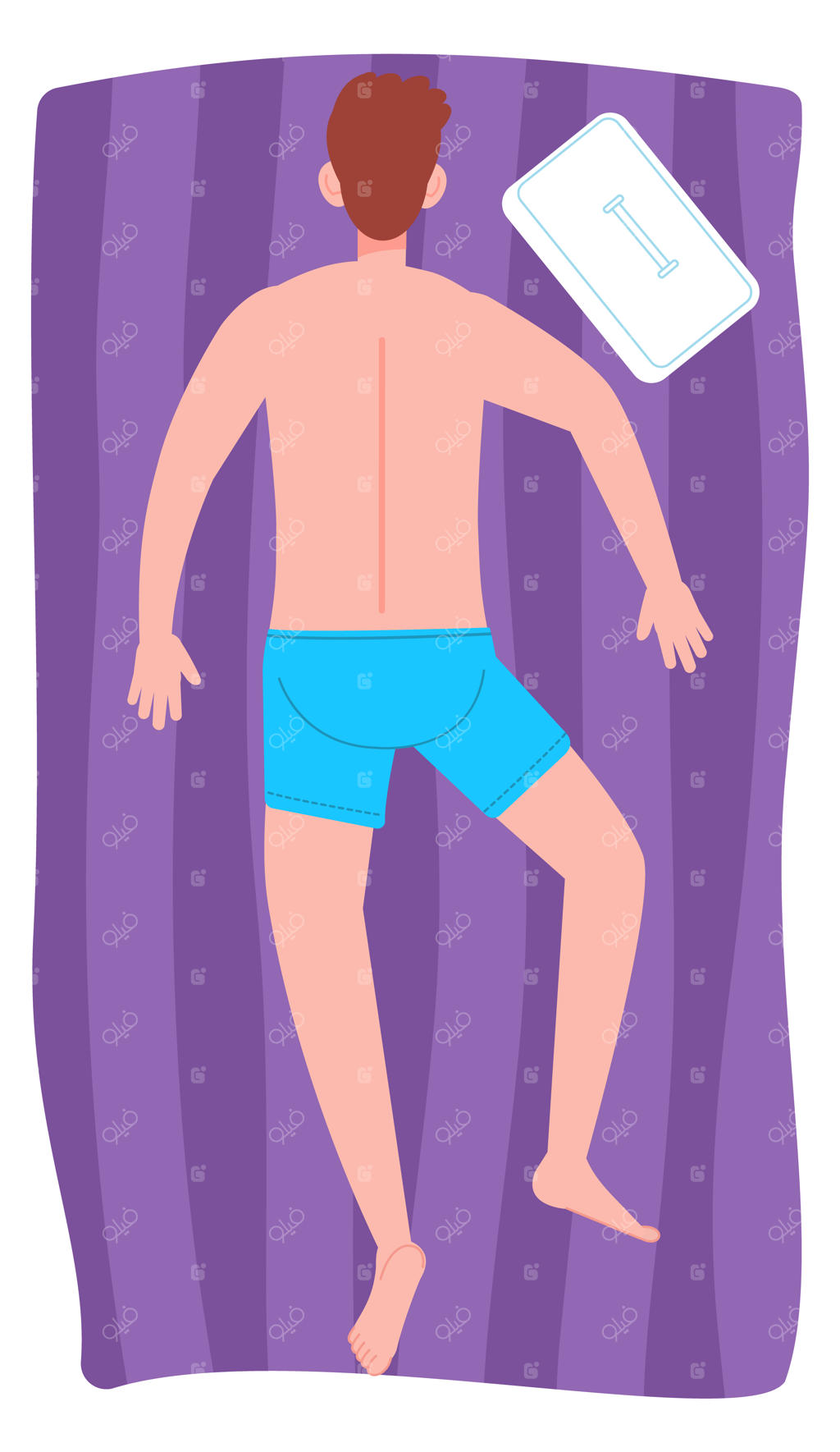 نمای بالا از مردی روی حوله در حال آفتاب گرفتن در ساحل