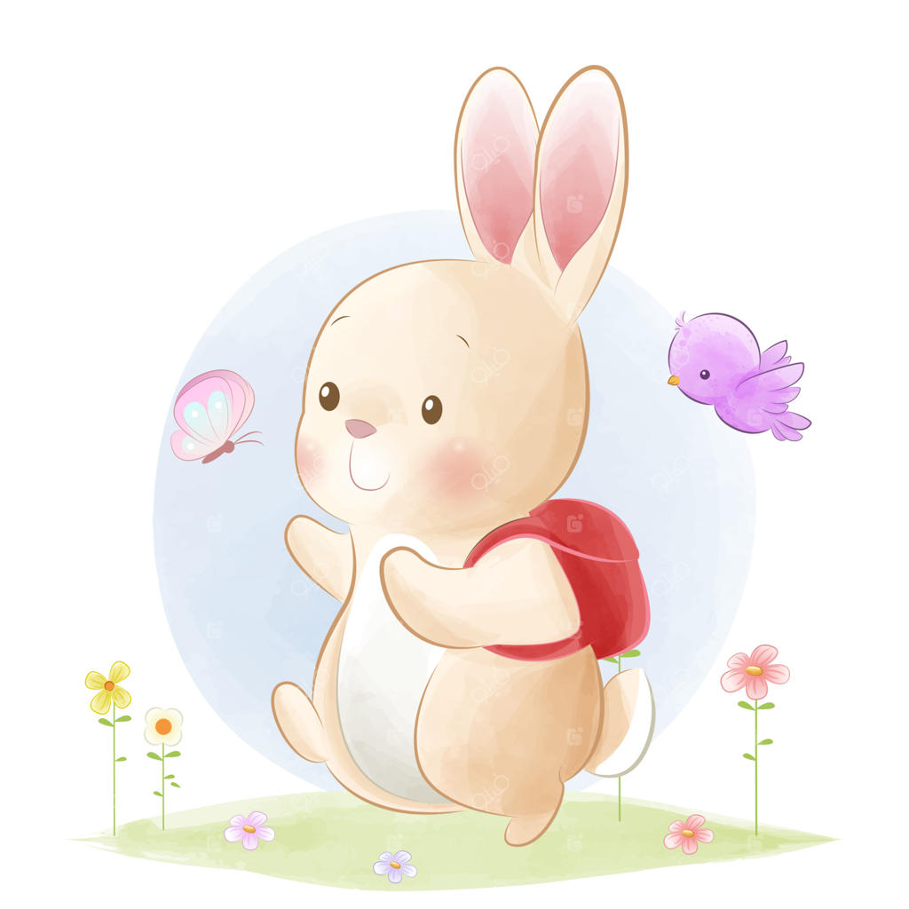 نقاشی آبرنگی خرگوش بامزه با کوله‌پشتی قرمز