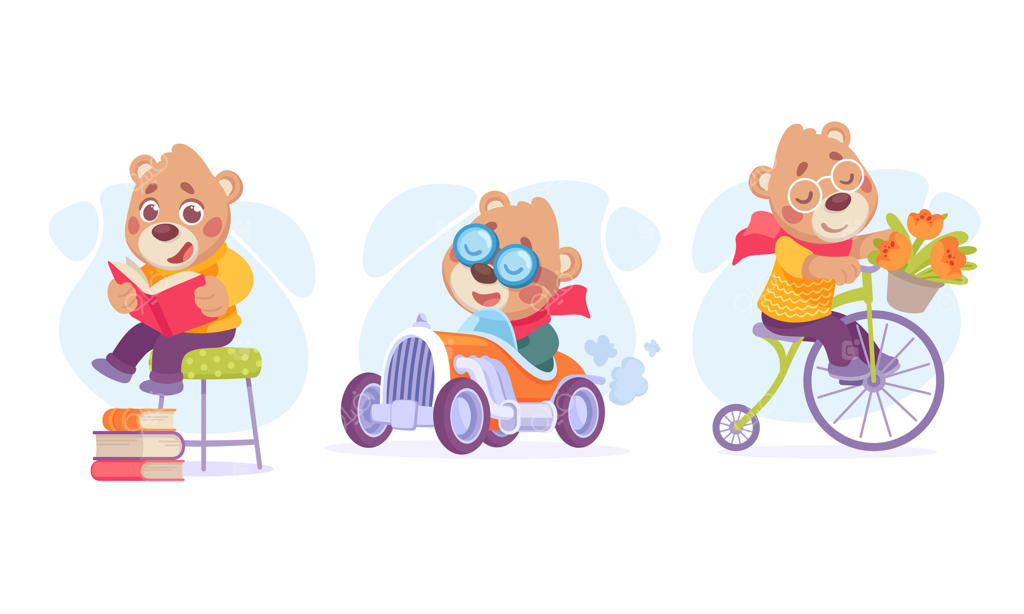 شخصیت خرس ماجراجو و بازیگوش در حال لذت بردن از سرگرمی‌ها و فعالیت‌های شاد