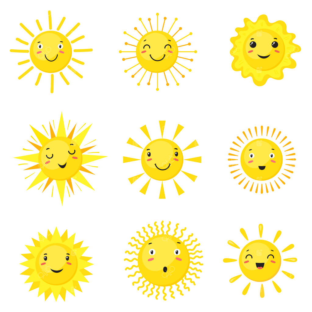ایموجی خورشید: چهره‌های بامزه و شاداب تابستانی کارتونی با احساسات خوشحال و خنده‌های طلایی کودکان و نوزادان، نقاشی دستی لوگوی آفتابی و هوای خوب