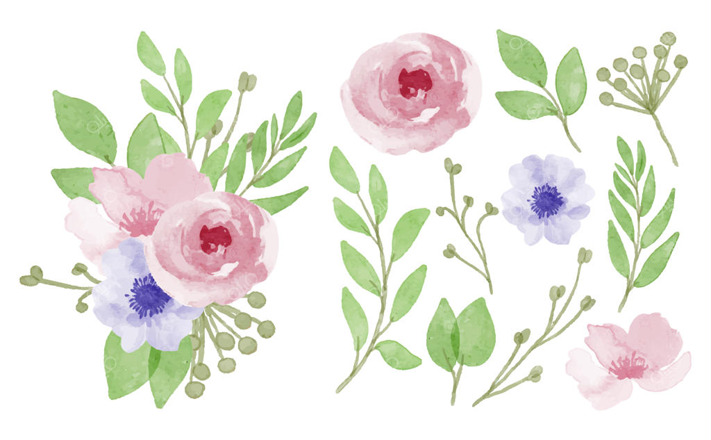 دسته گل زیبا و برگ‌های تزئینی به سبک آبرنگی