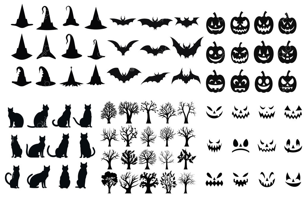 مجموعه آیکون و کاراکترهای سیلوئت سیاه هالووین شامل گربه و کدو تنبل