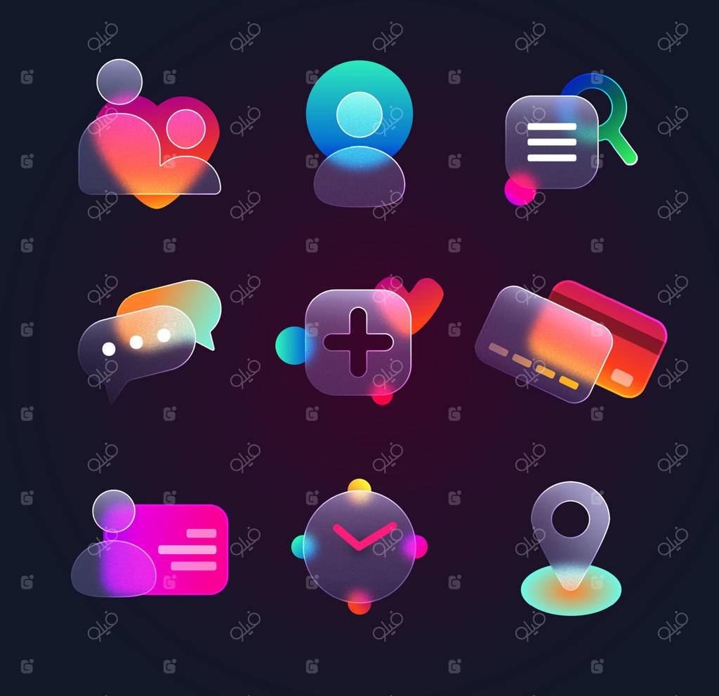 مجموعه آیکون‌های رابط کاربری گلس‌مورفیسم (شیشه‌ای) واقع‌گرایانه برای وب‌سایت و اپلیکیشن موبایل؛ شامل آیکون‌های مکان، چت، تماس، شبکه‌های اجتماعی، کارت اعتباری و ساعت با طراحی شفاف روی پس‌زمینه مشکی