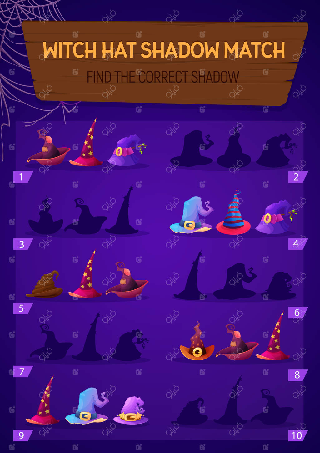 بازی سایه کلاه جادوگر برای کودکان، فعالیت منطقی برای بچه‌ها، آموزش پیش‌دبستانی یا مهدکودک با کلاه‌های جادوگری هالووین.