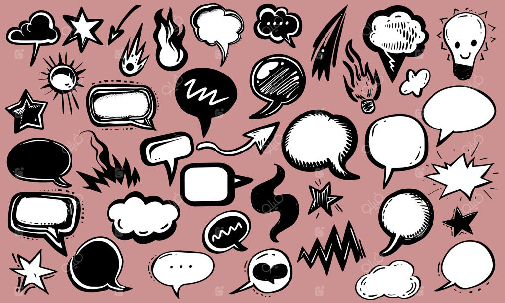 مجموعه‌ای از حباب‌ گفتاری دستی، ستاره، شعله و فلش. طراحی‌های کمیک پرطرفدار برای استیکرها. نقاشی آزادانه