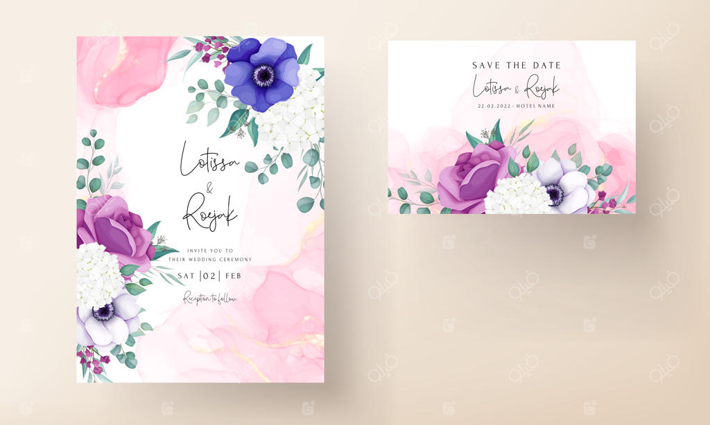 قالب کارت دعوت عروسی با طرح گل های رز و شقایق زیبا