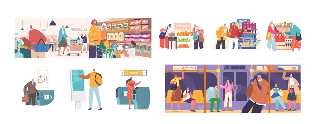 مجموعه‌ای از شخصیت‌های مرد و زن: ارتباطات اجتماعی، خرید از سوپرمارکت و استفاده از مترو