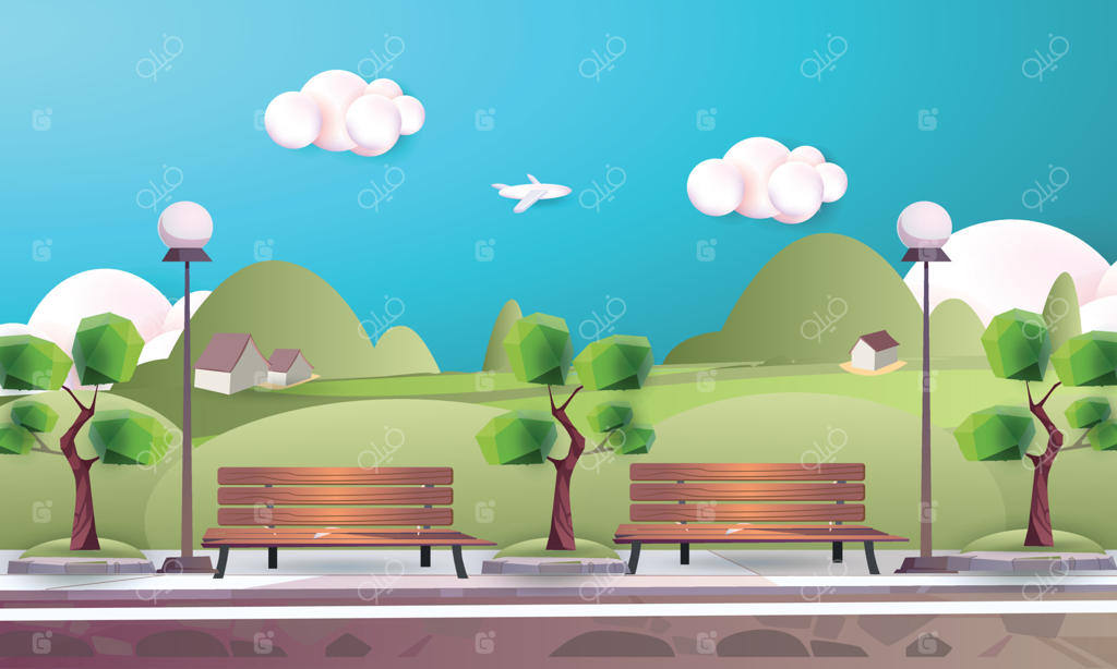 چشم‌انداز فضای باز: وکتور طبیعی از افق، جاده، صندلی چوبی و چراغ کارتونی