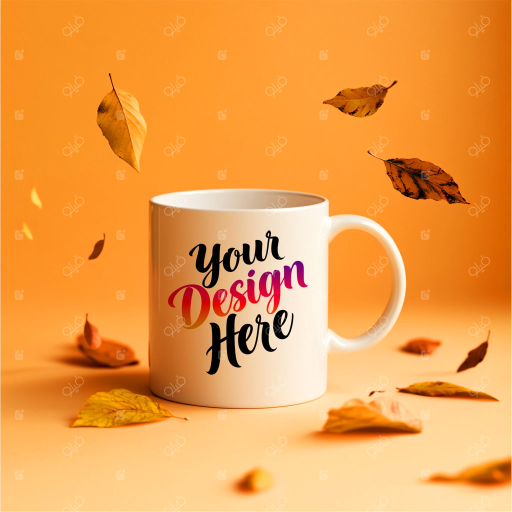 موکاپ ماگ سرامیکی سفید با برگ‌های پاییزی در پس‌زمینه نارنجی جذاب مناسب برندینگ فصلی