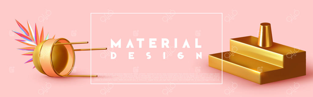 طراحی مینیمال با اشکال واقعی اجسام سه‌بعدی: عناصر حجمی فلزی طلایی بر روی پس‌زمینه صورتی