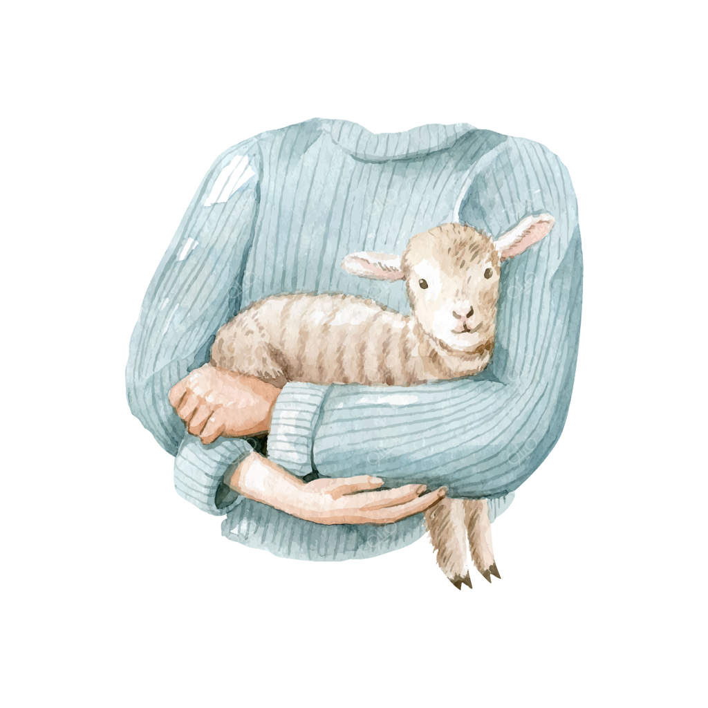 زن کشاورز با ژاکت بافتنی آبی در حال نگه داشتن بزغاله کوچک ـ کلیپ‌آرت وکتور آبرنگی