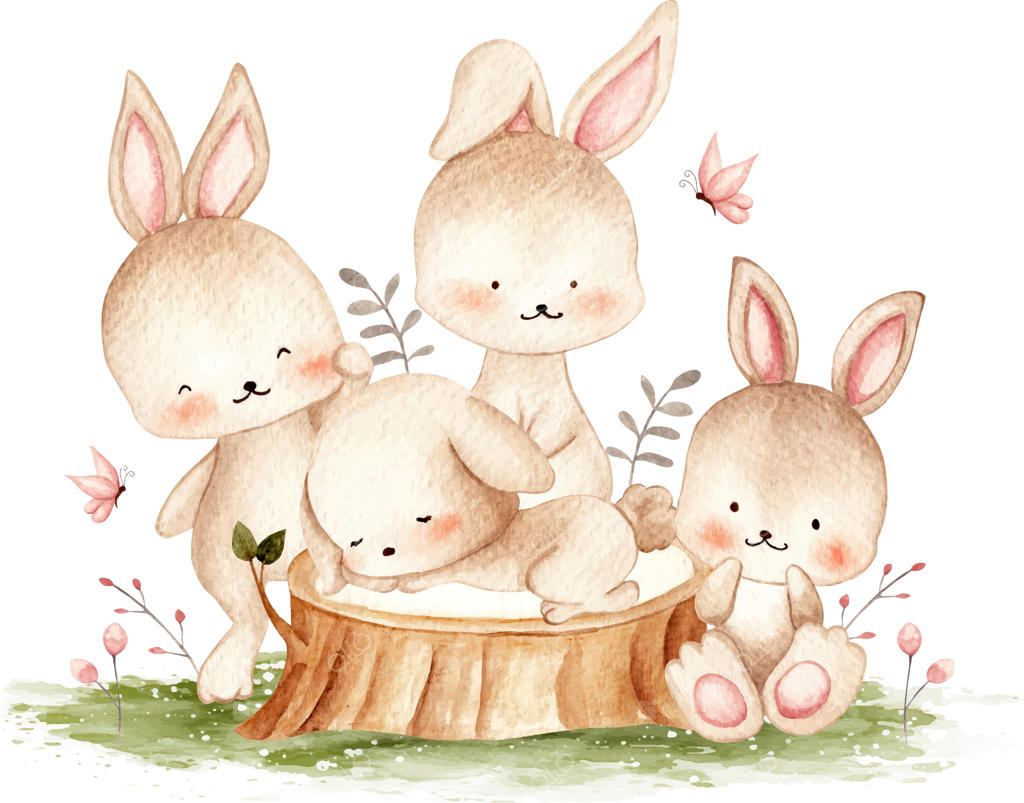 تصویرسازی آبرنگی خرگوش‌های بامزه در باغ