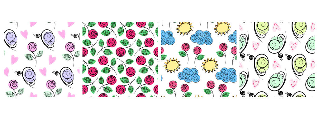 پترن یکپارچه گل‌های رز، پروانه‌ها، ابر و خورشید در پالت‌های مد روز برای پس‌زمینه‌های بهاری یا تابستانی. تصویرسازی جداگانه برای کارت‌های فصلی، بنرها، بروشورها، برچسب قیمت و پوسترها.