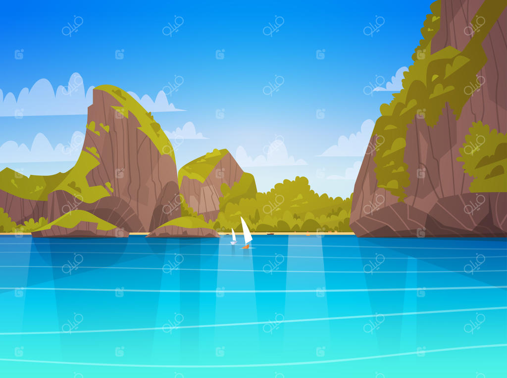 منظره ساحلی زیبا: ساحل آسیایی با کوه‌ها و چشم‌انداز تابستانی دریا