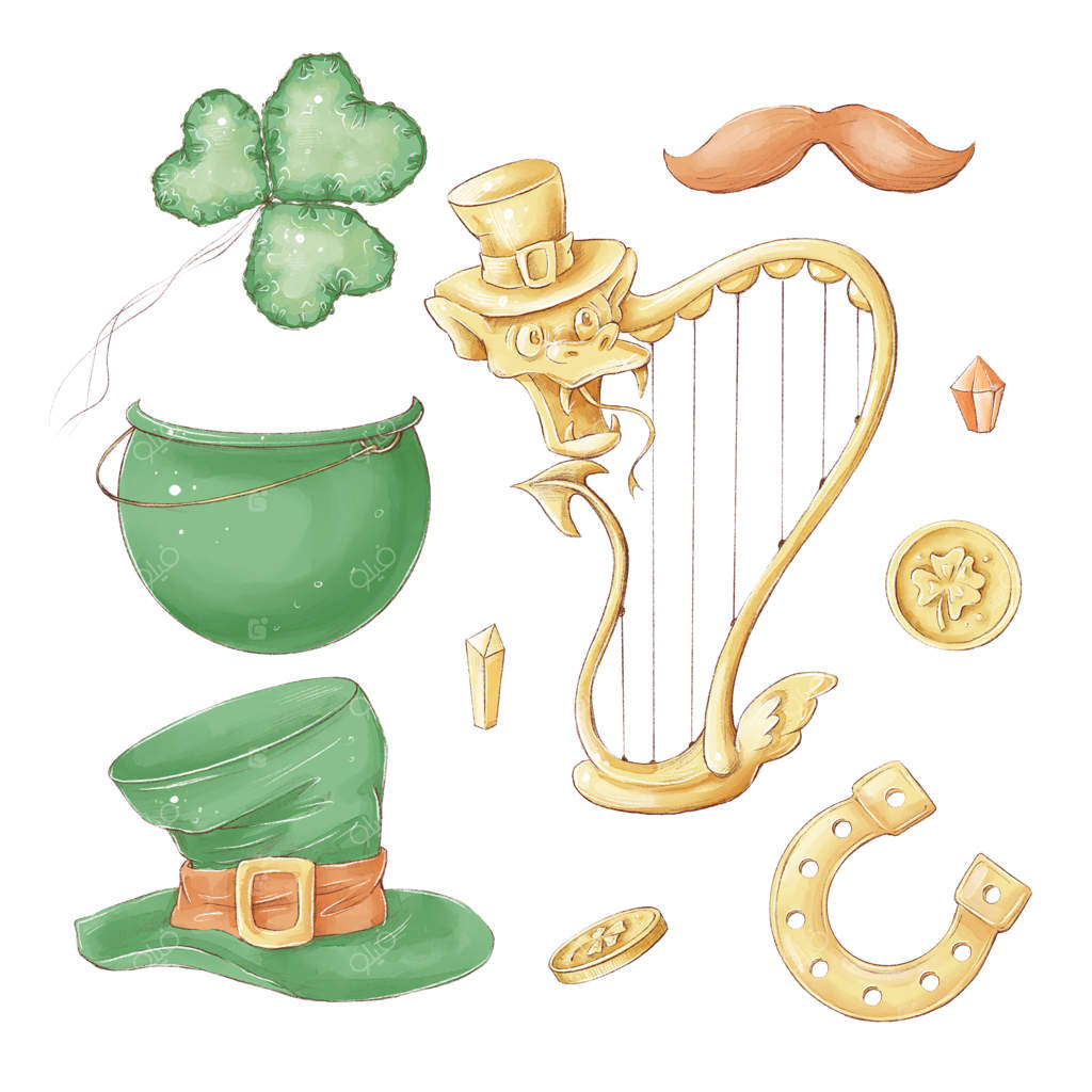 مجموعه‌ای از عناصر روز سنت پاتریک روی زمینه سفید