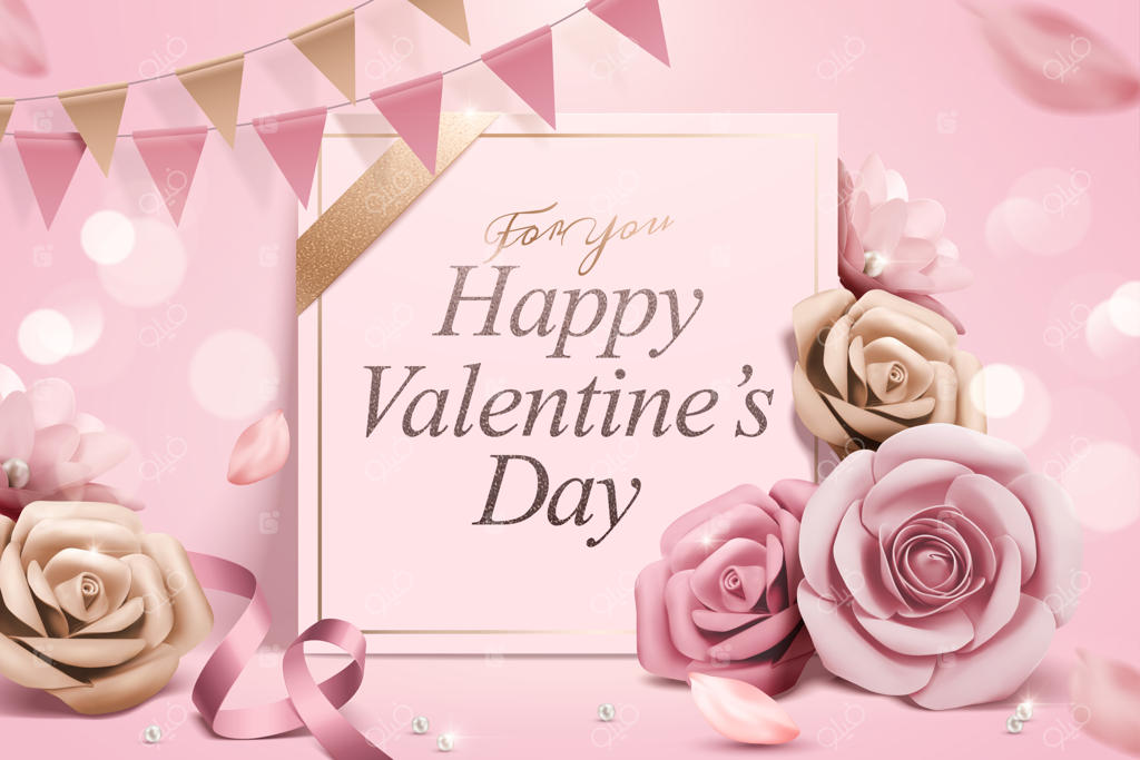 قالب روز ولنتاین با گل‌های کاغذی و تزیینات روبانی
