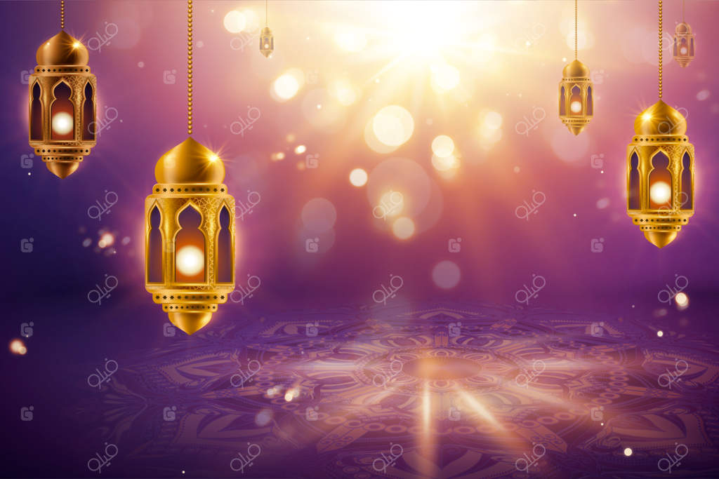 آویختن فانوس‌ها بر زمینه ارغوانی با طرح عربسک و بوکه‌های نورانی