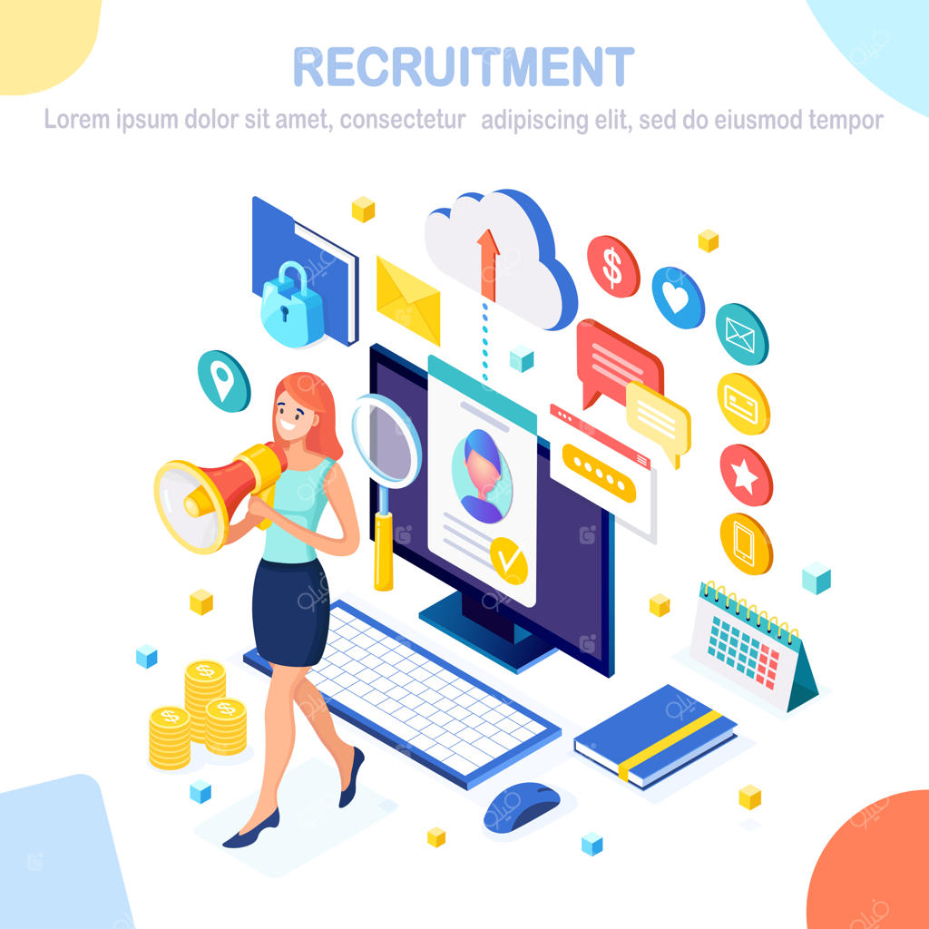 استخدام. موبایل سه‌بعدی ایزومتریک، رزومه، پوشه، بلندگو، زن با بلندگو. منابع انسانی، مدیر منابع انسانی. استخدام کارکنان، مصاحبه شغلی