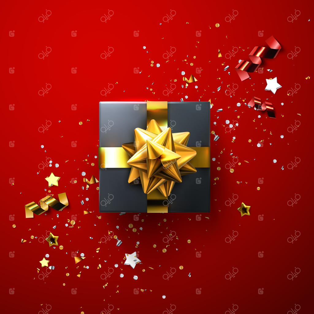 جعبه هدیه مشکی با روبان و پاپیون طلایی براق و پولک های درخشان