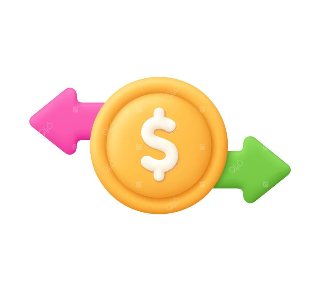 سکه دلار با فلش‌های چپ و راست: نماد سرمایه‌گذاری و معاملات مالی، مفاهیم کسب‌وکار و ‌اقتصاد. آیکون سه‌بعدی در سبک مینیمال کارتونی.