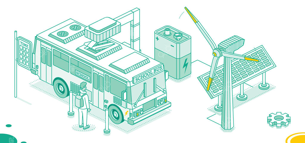 اتوبوس مدرسه الکتریکی ایزومتریک در ایستگاه شارژ. پنل‌های خورشیدی با توربین‌های بادی. حمل‌ و نقل عمومی سازگار با محیط زیست. طرح کلی. باتری. انرژی سبز.