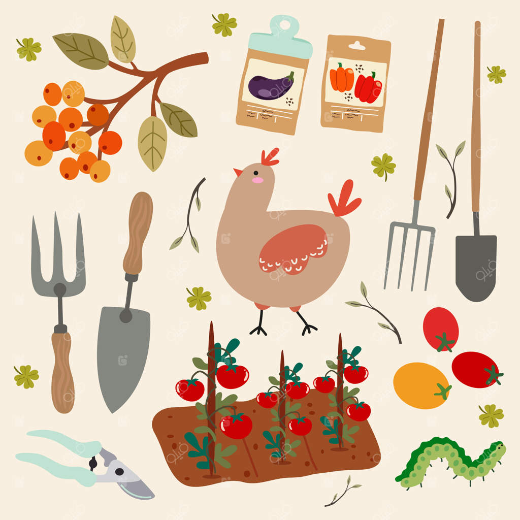 باغبانی و زندگی روستایی: مجموعه نمادهای کشاورزی. زندگی روستایی، کاشت سبزیجات و گل‌ها، ابزار باغبانی و مراقبت از حیوانات مزرعه
