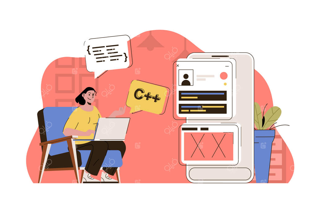 زن برنامه‌نویس مشغول کدنویسی و آزمایش برنامه در دفتر کار