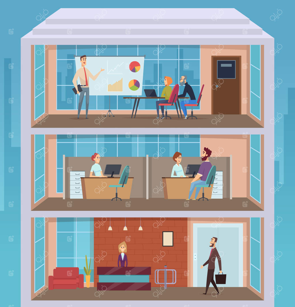 مرکز تجاری: فعالیت‌های روزانه ساختمان اداری، فضای کار باز و مدیران. مقطع داخلی ساختمان اداری - تصویرسازی مرکز اداری.