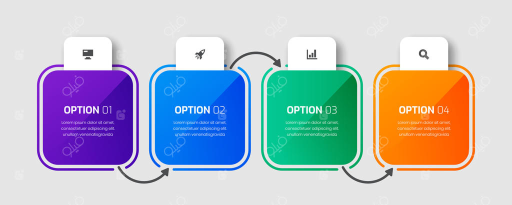 قالب اینفوگرافیک تجاری با برچسب مربعی، فلش‌ها، ۴ گزینه و آیکون برای ارائه