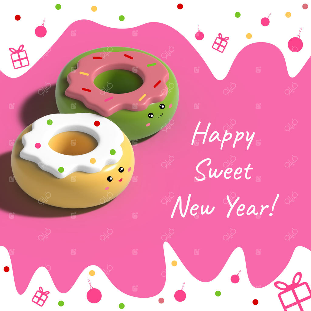 وکتور قالب شبکه‌های اجتماعی با طراحی سه‌بعدی دونات‌های شیرین برای سال نو