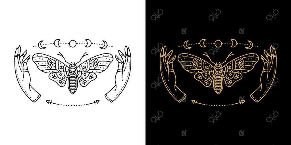 طرح خطی پروانه با تتوی دست و ماه