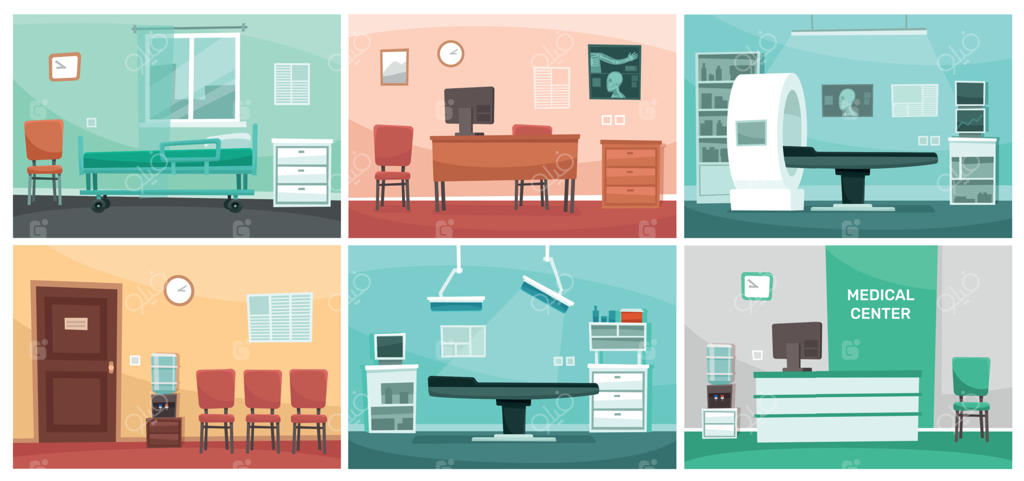 اتاق کارتون بیمارستان: طراحی داخلی پزشکی، مطب دکتر و کلینیک جراحی یا نمای داخلی اتاق انتظار خالی بیمارستان – تصویر سازی وکتور