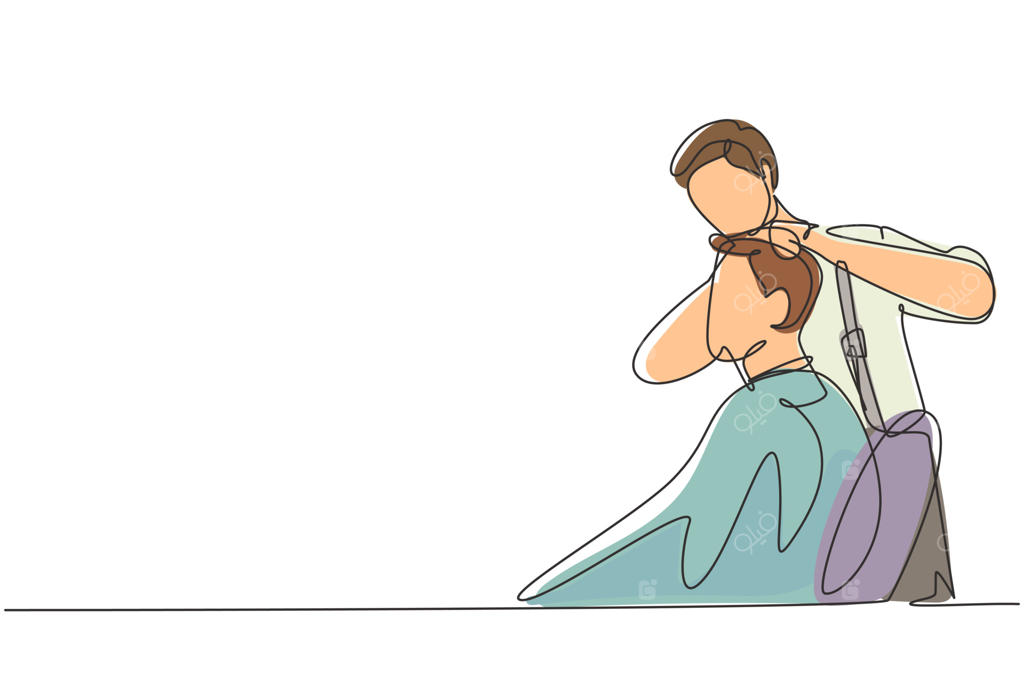 طراحی خطی مداوم: آرایشگر جوان و خوش‌قیافه در حال کوتاه کردن موی مردی خوش‌تیپ در آرایشگاه. مدل مو بسیار شیک و بی‌نقص است. طرح برداری تصویرسازی خطی