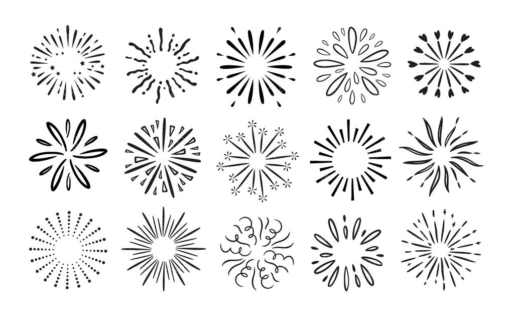 نقاشی آتش‌بازی. اشعه‌های خورشید تزئینی، جرقه‌های شعاعی دستی برای جشن آتش‌بازی. انفجار پاشش آب، کاغذافشانی و مجموعه‌ی پاشش گرد. تزئین شگفت‌انگیز ستاره‌ای کارتونی