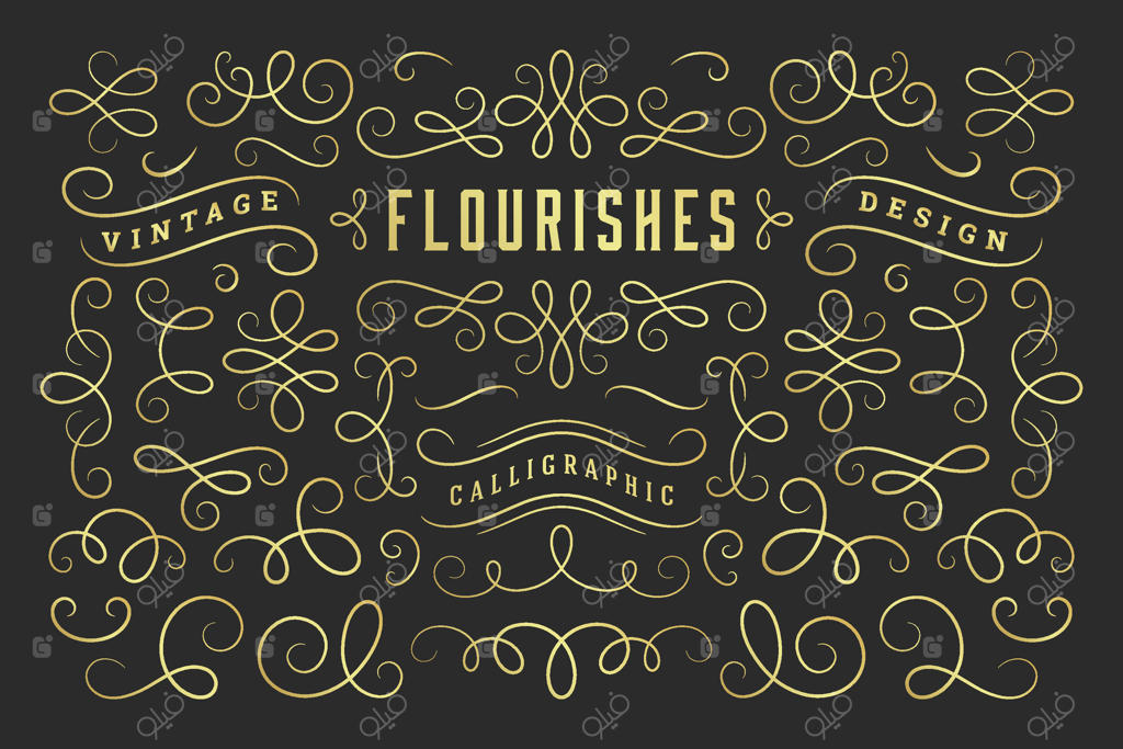 عناصر طراحی خطاطی: تزئینات کلاسیک و پیچک‌ها و فرفره‌های تزئینی و عناصر طراحی باشکوه