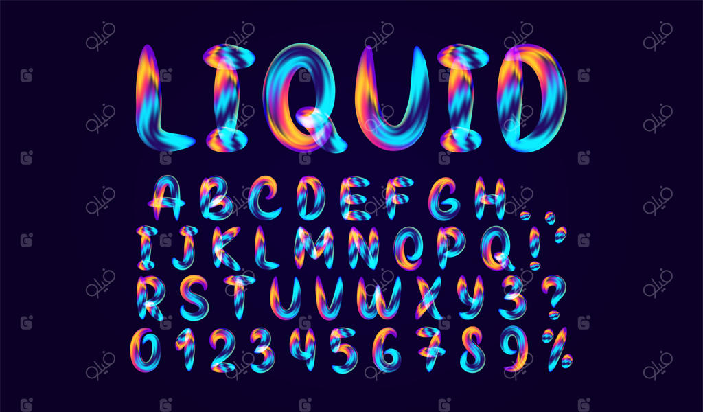فونت حروف الفبا با گرادیان مایع ذوب‌ شده: حروف انگلیسی رنگارنگ و نرم. طراحی سه‌بعدی اعداد و نمادها روی پس‌زمینه سیاه. تصویر وکتور