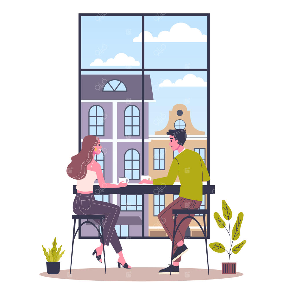 طراحی داخلی کافی‌شاپ. مردم در کافه قهوه می‌نوشند. نمای داخلی کافه. تصویرسازی