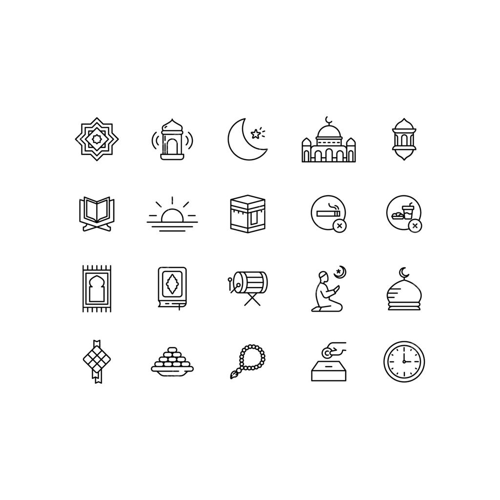تابلوها و نمادهای رمضان کریم. ماه روزه داری، ماه مبارک، عید فطر مبارک. مجموعه آیکون‌های اسلامی برای رمضان، آیکون‌های خطی باریک. تصویر وکتور. طراحی بر روی زمینه سفید. EPS 10