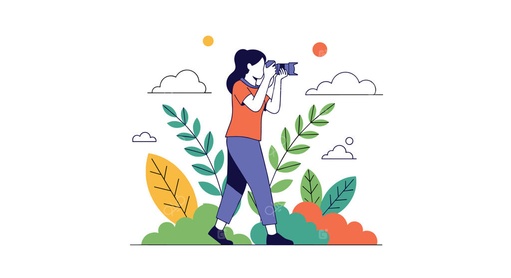 زن عکاس در حال لذت بردن از طبیعت و ثبت مناظر زیبا در فضای باز