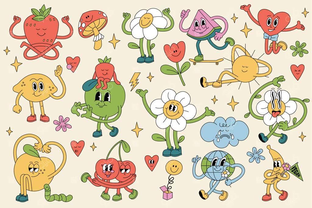 مجموعه‌ای از تصاویر وکتور شخصیت‌ها با سبک رترو. استیکرهای جذاب برای چاپ